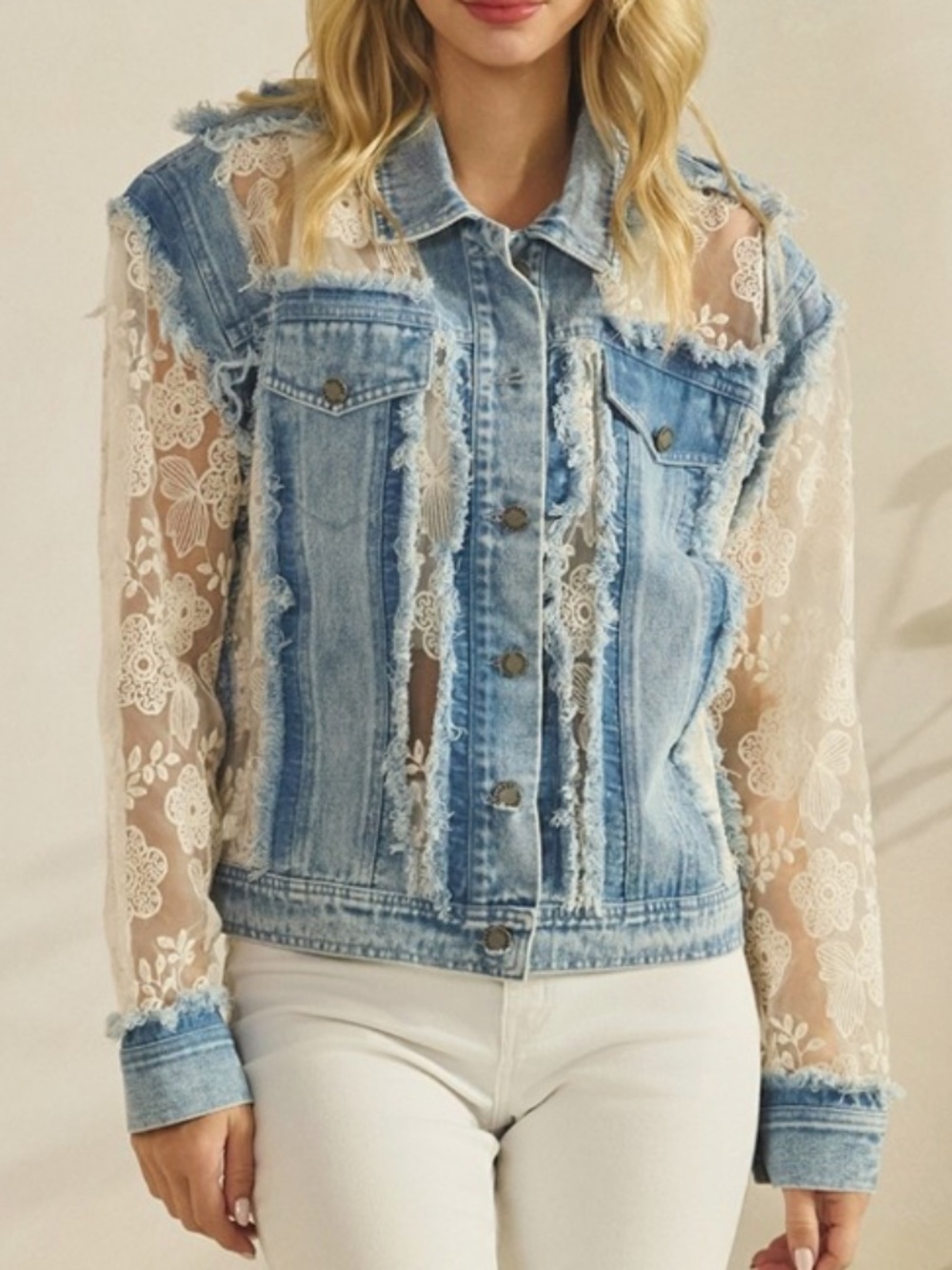 Western Floral Lace Semi Sheer Button Down Frayed Jacket - Picture 7 of 13